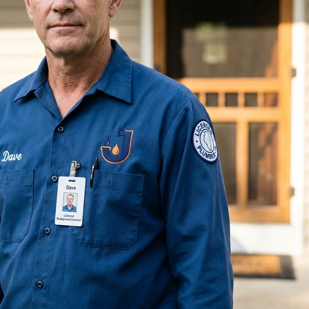 Licensed plumber showing ID badge in Guayama, PR