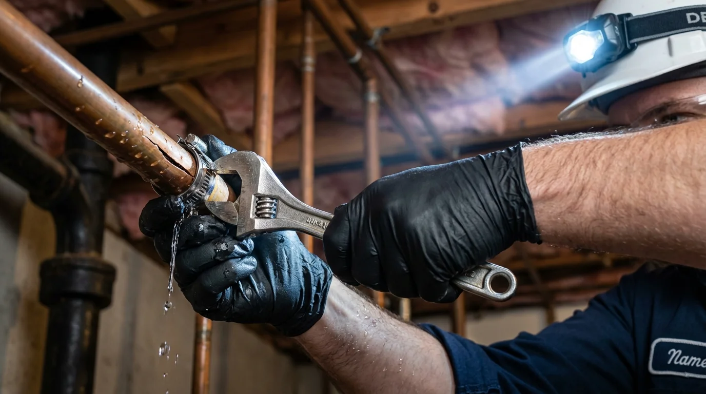 Emergency pipe clamp repair being performed by a Johns Plumbing LLC plumber in Guayama