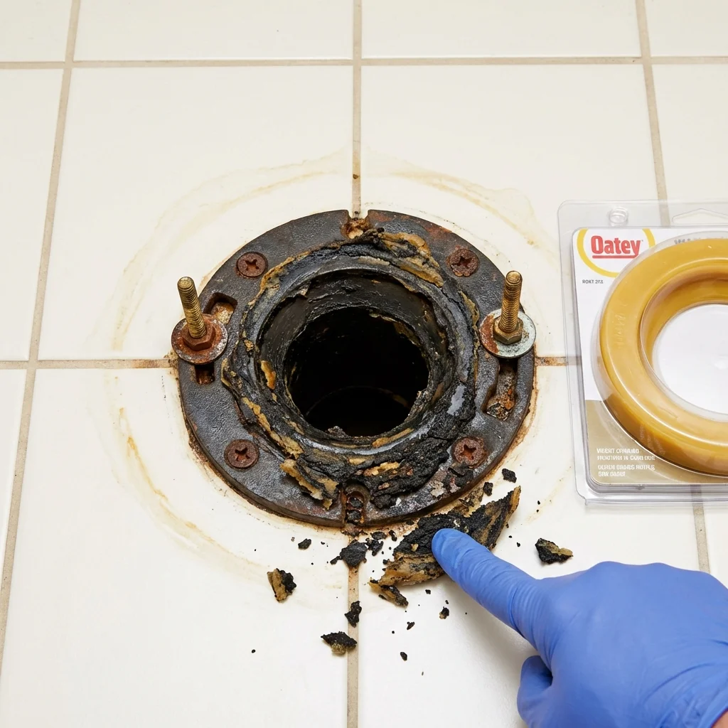 Failed wax ring showing water seepage at the base of a toilet in a Guayama, PR home
