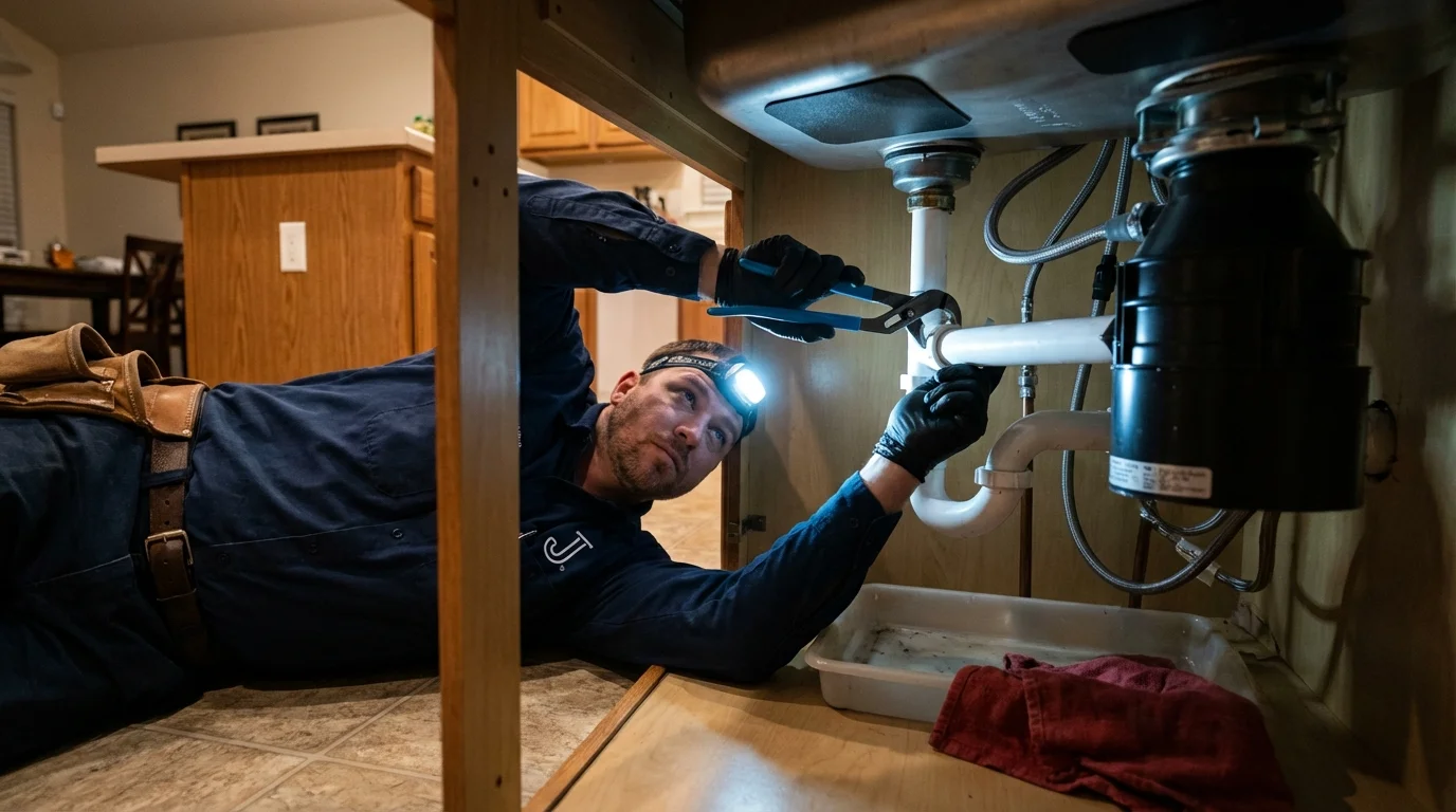 P-trap and supply line connections under a kitchen sink showing a common leak point in Guayama, PR